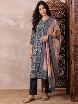 Black Silk Blend Geometric Printed Straight Kurti Pant With Dupatta