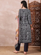 Black Silk Blend Geometric Printed Straight Kurta Trouser With Dupatta