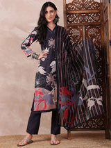 Black Silk Blend Floral Printed Straight Kurta Trouser With Dupatta