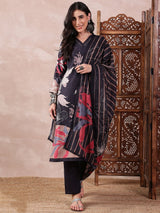 Black Silk Blend Floral Printed Straight Kurti Pant With Dupatta