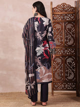 Black Silk Blend Floral Printed Straight Kurti Pant With Dupatta