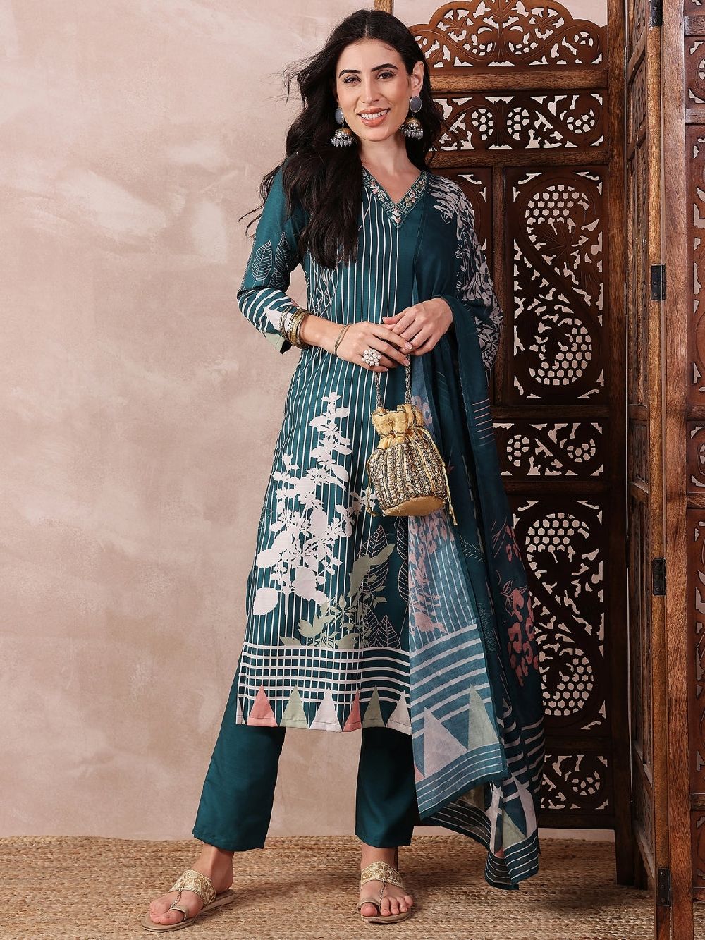 Teal Silk Blend Abstract Printed Straight Kurta Trouser With Dupatta