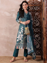 Teal Silk Blend Abstract Printed Straight Kurta Trouser With Dupatta