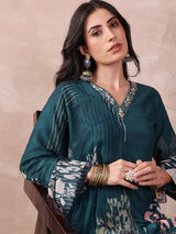 Teal Silk Blend Abstract Printed Straight Kurta Trouser With Dupatta