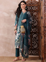 Teal Silk Blend Abstract Printed Straight Kurta Trouser With Dupatta