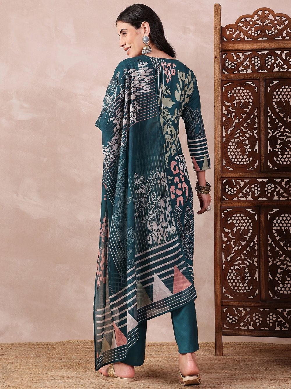 Teal Silk Blend Abstract Printed Straight Kurta Trouser With Dupatta