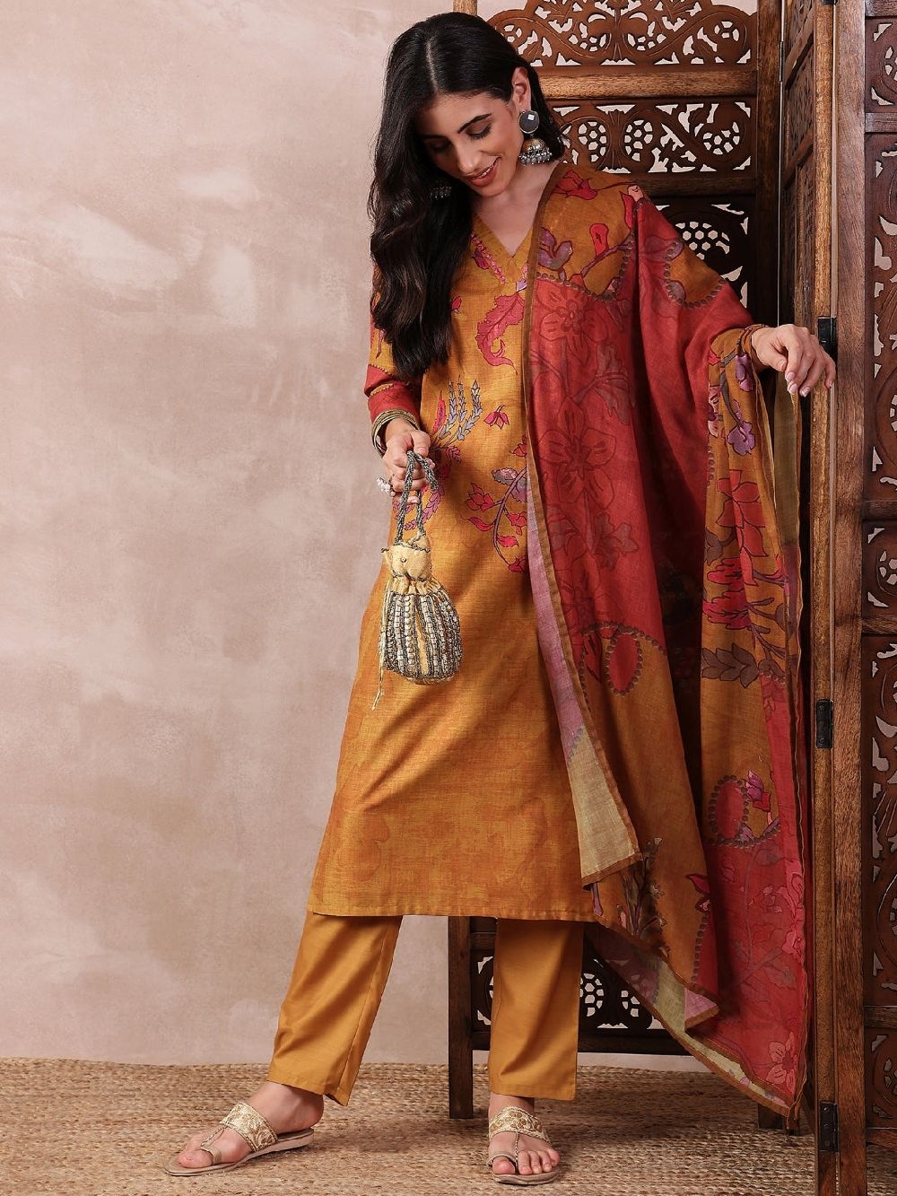 Mustard Silk Blend Floral Printed Straight Kurta Trouser With Dupatta