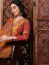 Mustard Silk Blend Floral Printed Straight Kurta Trouser With Dupatta