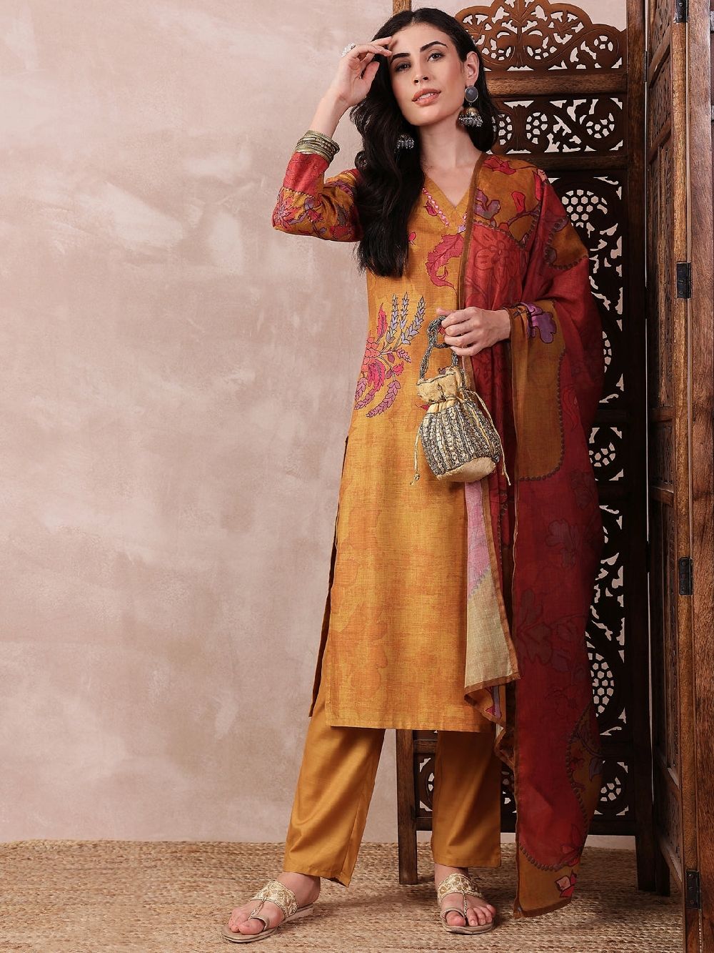 Mustard Silk Blend Floral Printed Straight Kurta Trouser With Dupatta