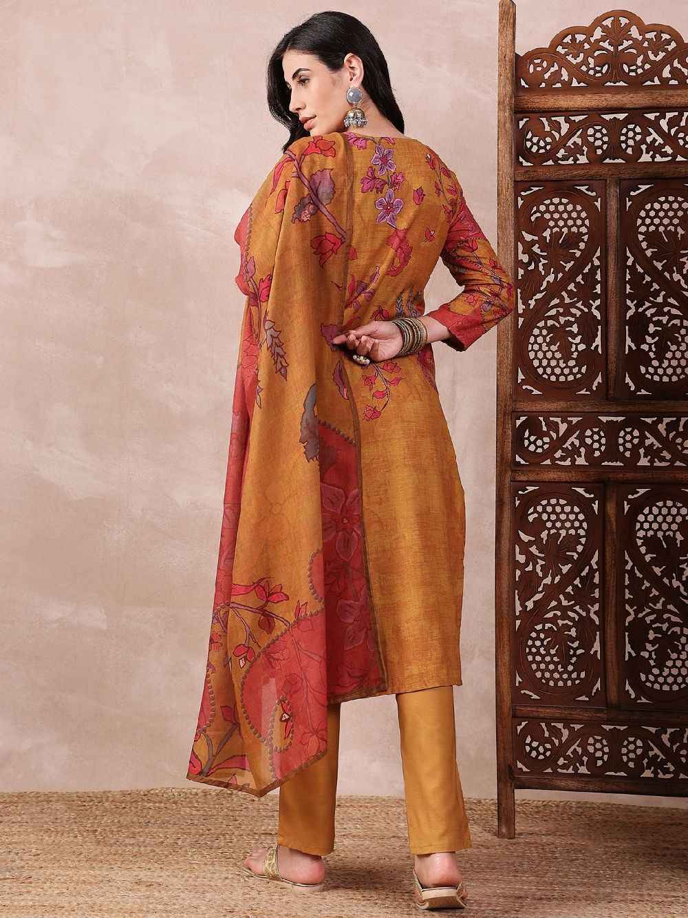 Mustard Silk Blend Floral Printed Straight Kurti Pant With Dupatta