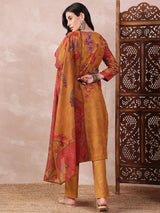 Mustard Silk Blend Floral Printed Straight Kurta Trouser With Dupatta