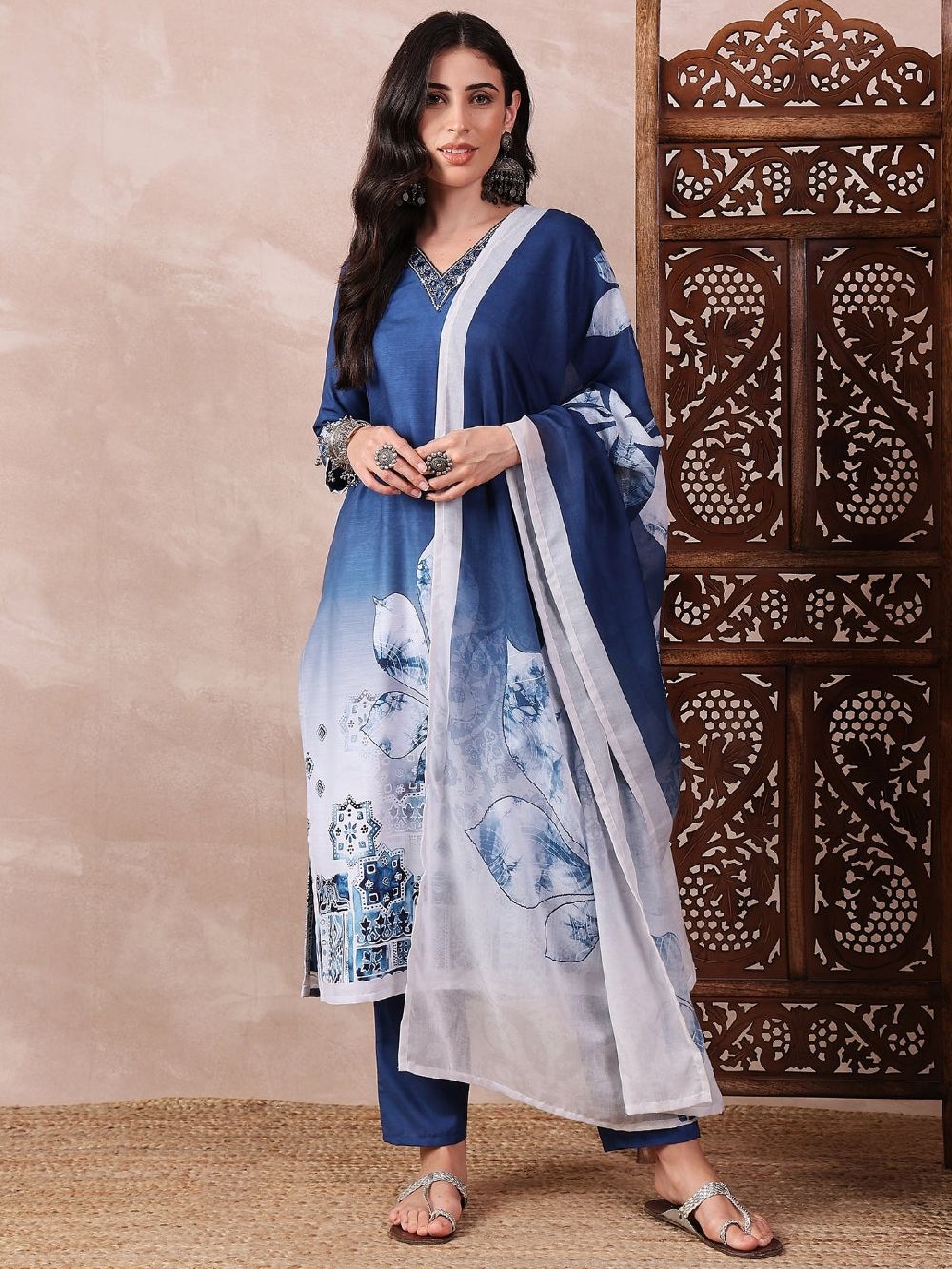 Blue Silk Blend Abstract Printed Straight Kurti Pant With Dupatta