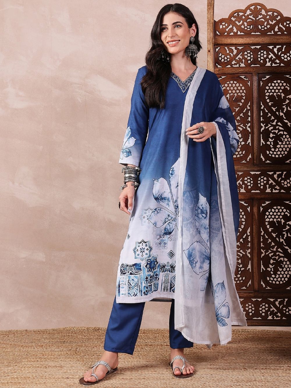 Blue Silk Blend Abstract Printed Straight Kurti Pant With Dupatta