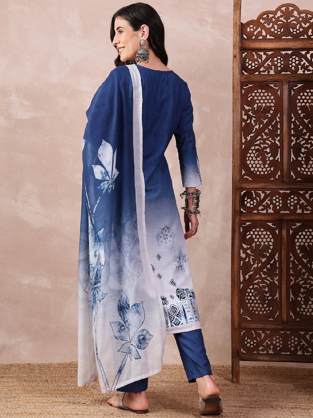 Blue Silk Blend Abstract Printed Straight Kurti Pant With Dupatta