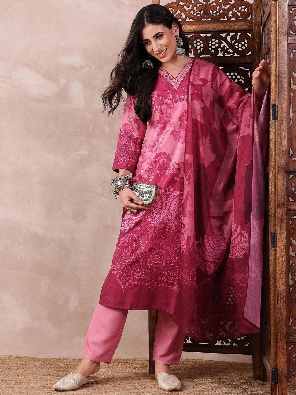 Pink Silk Blend Ethnic Motifs Printed Straight Kurta Trouser With Dupatta