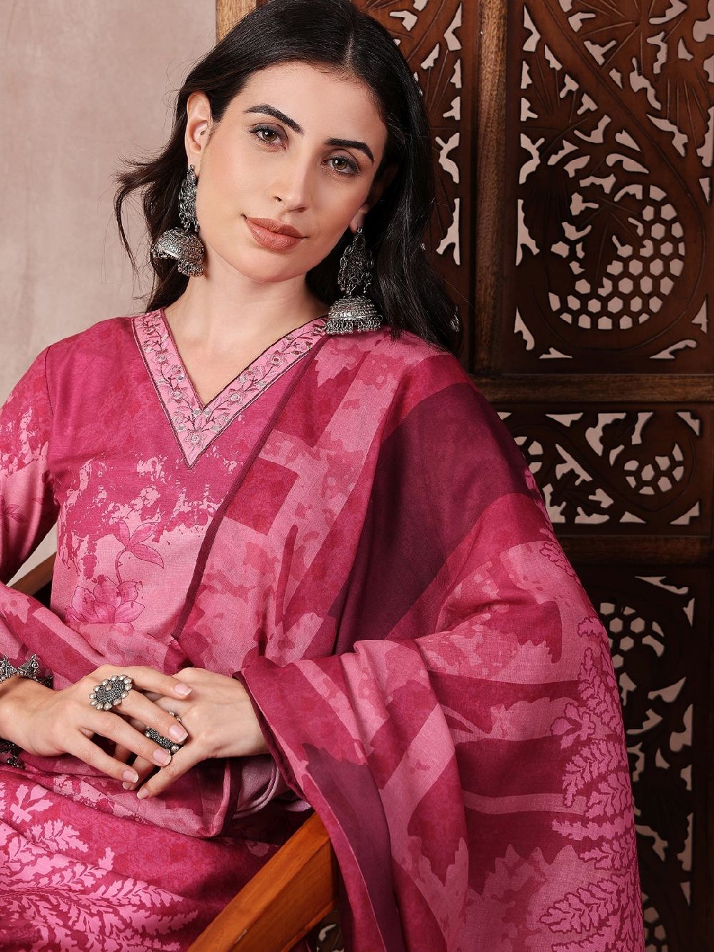 Pink Silk Blend Ethnic Motifs Printed Straight Kurti Pant With Dupatta