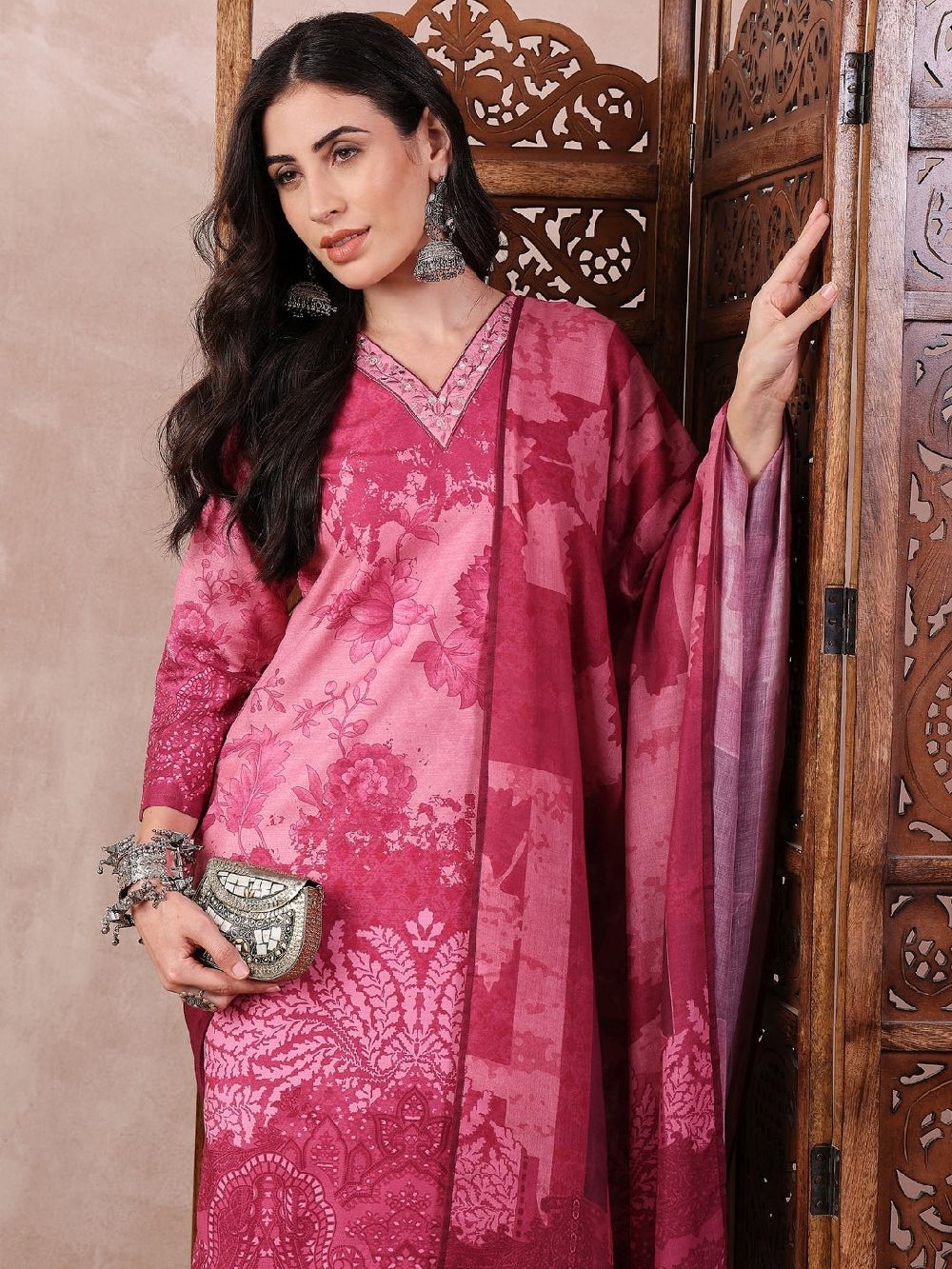 Pink Silk Blend Ethnic Motifs Printed Straight Kurta Trouser With Dupatta