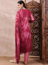 Pink Silk Blend Ethnic Motifs Printed Straight Kurti Pant With Dupatta