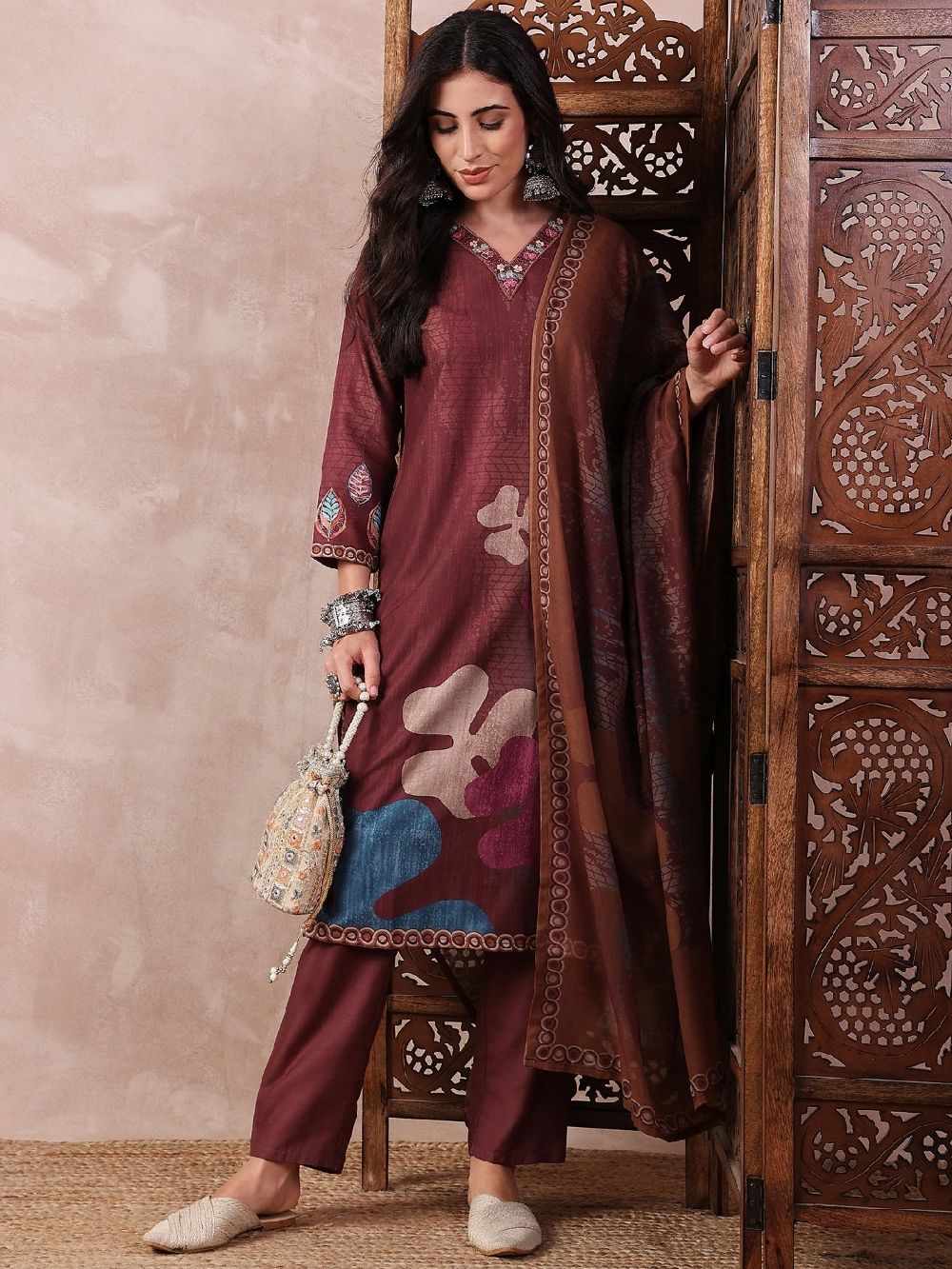 Brown Silk Blend Floral Printed Straight Kurti Pant With Dupatta