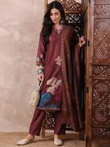 Brown Silk Blend Floral Printed Straight Kurta Trouser With Dupatta