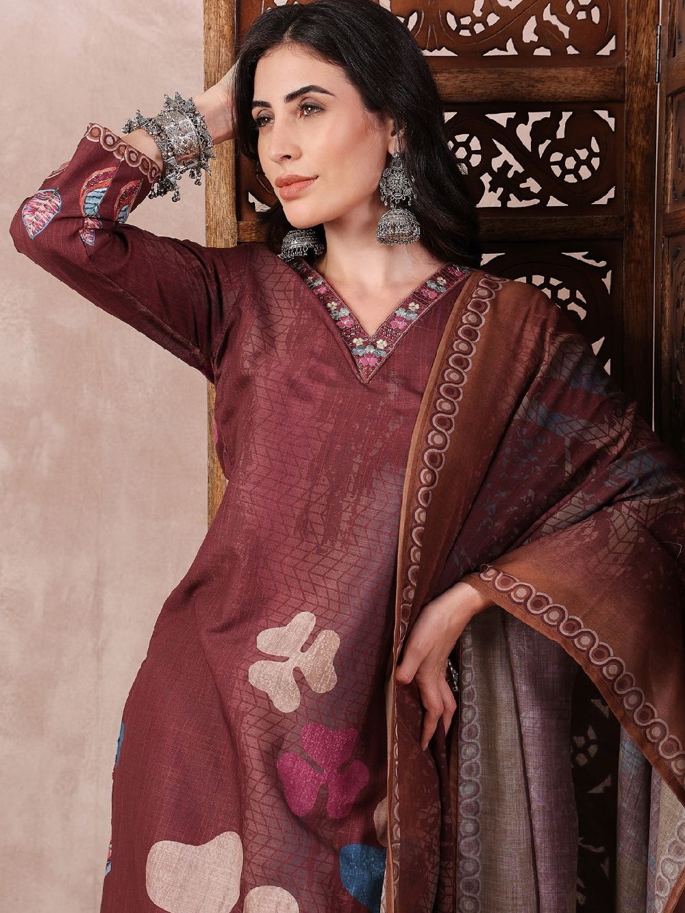 Brown Silk Blend Floral Printed Straight Kurti Pant With Dupatta