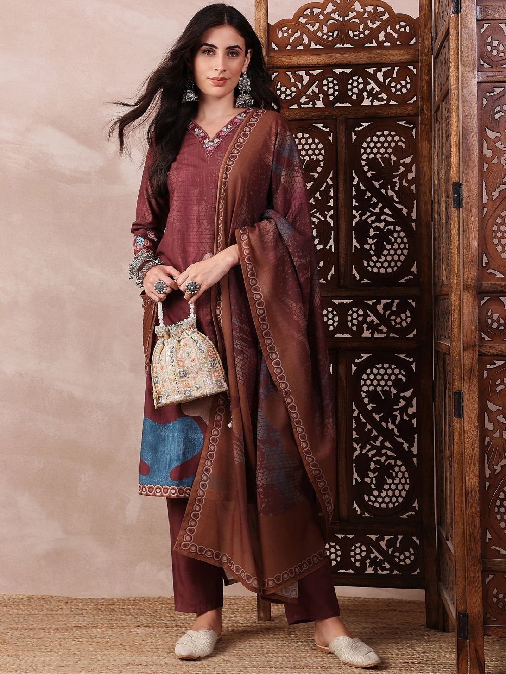 Brown Silk Blend Floral Printed Straight Kurta Trouser With Dupatta