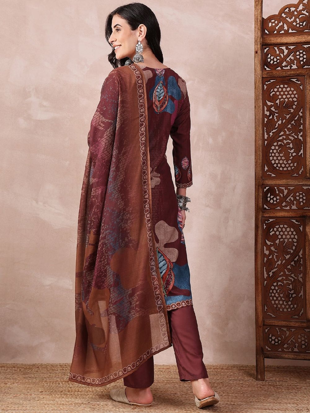 Brown Silk Blend Floral Printed Straight Kurta Trouser With Dupatta