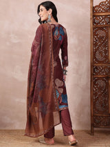 Brown Silk Blend Floral Printed Straight Kurti Pant With Dupatta