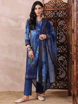 Blue Silk Blend Floral Printed Straight Kurta Trouser With Dupatta