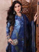 Blue Silk Blend Floral Printed Straight Kurti Pant With Dupatta