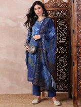 Blue Silk Blend Floral Printed Straight Kurti Pant With Dupatta