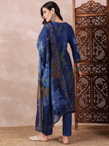 Blue Silk Blend Floral Printed Straight Kurti Pant With Dupatta