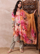 Olive Silk Blend Floral Printed Straight Kurta Trouser With Dupatta