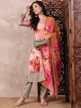 Olive Silk Blend Floral Printed Straight Kurti Pant With Dupatta