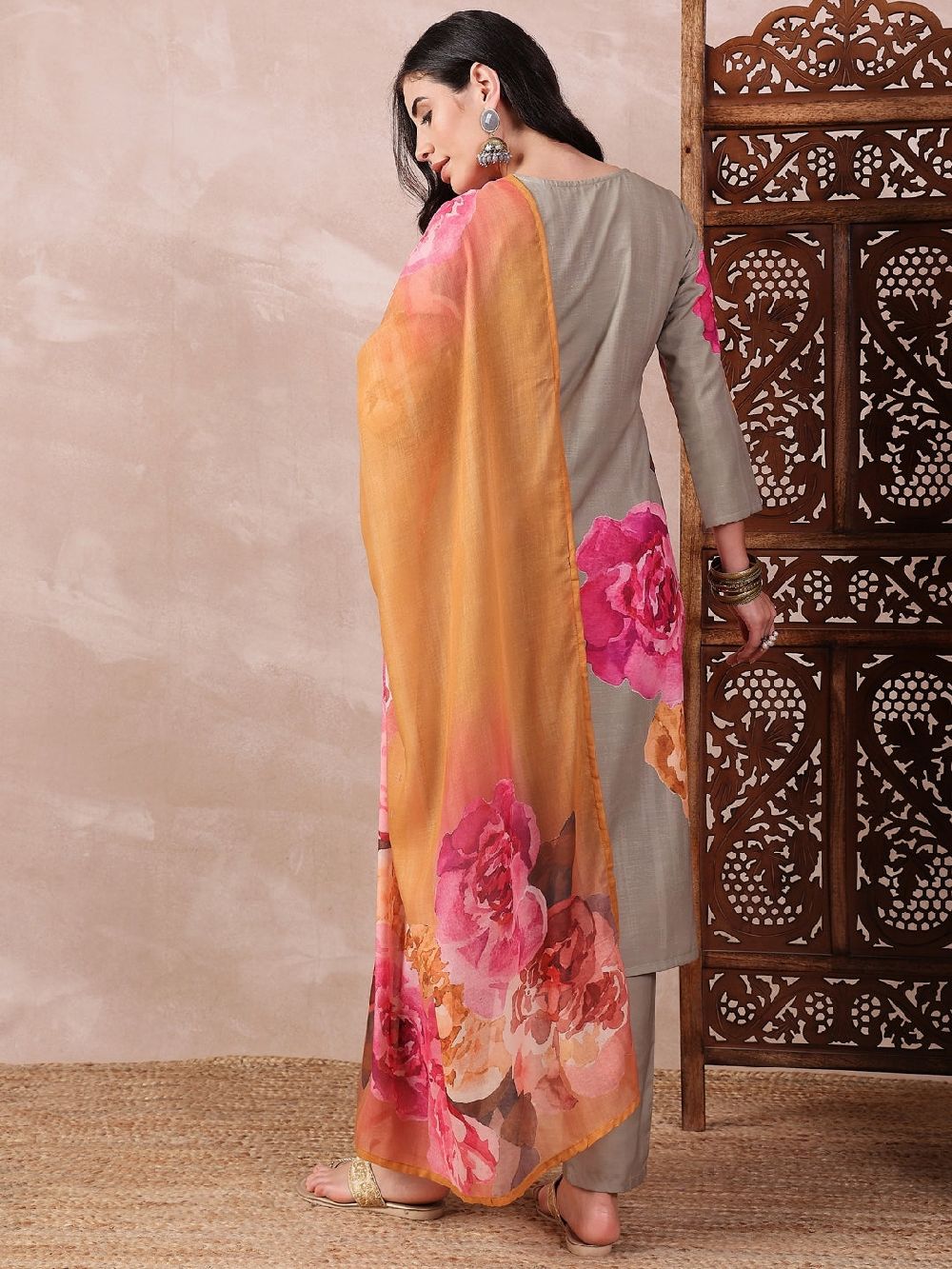 Olive Silk Blend Floral Printed Straight Kurti Pant With Dupatta