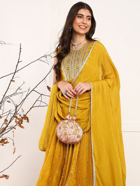 Mustard Silk Blend Solid Embroidered A-Line Kurta Trouser With Dupatta