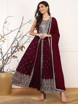 Burgundy Silk Blend Solid Embroidered A-Line Kurta Trouser With Dupatta