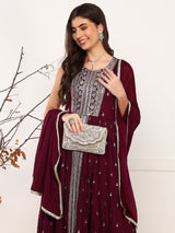 Burgundy Silk Blend Solid Embroidered A-Line Kurta Trouser With Dupatta