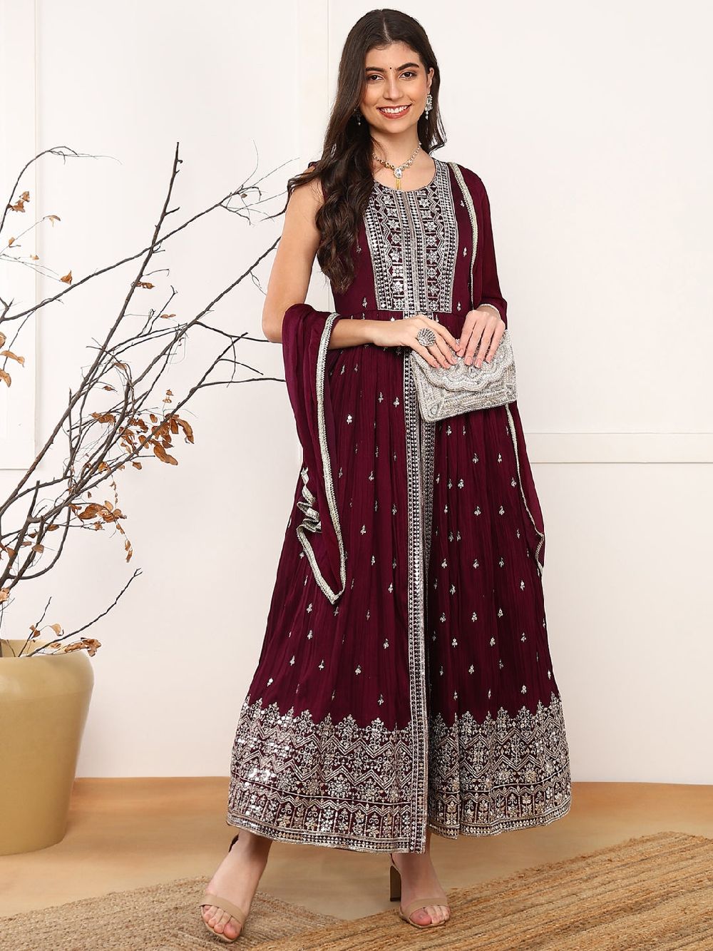 Burgundy Silk Blend Solid Embroidered A-Line Kurta Trouser With Dupatta