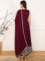 Burgundy Silk Blend Solid Embroidered A-Line Kurta Trouser With Dupatta