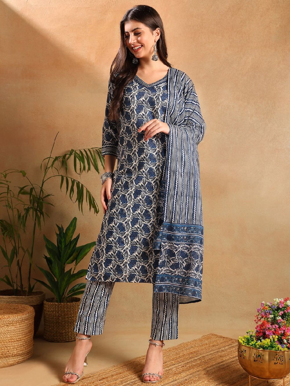 Blue Poly Rayon Floral Printed Straight Kurta Trousers With Dupatta