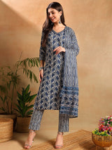 Blue Poly Rayon Floral Printed Straight Kurta Trousers With Dupatta