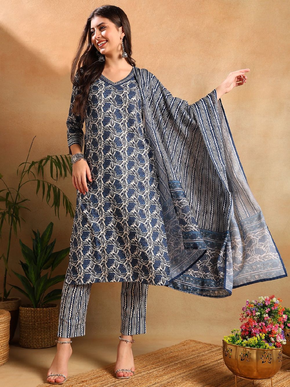 Blue Poly Rayon Floral Printed Straight Kurta Trousers With Dupatta