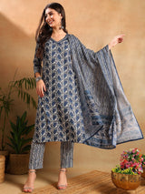 Blue Poly Rayon Floral Printed Straight Kurti Pants With Dupatta