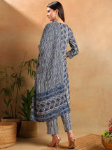 Blue Poly Rayon Floral Printed Straight Kurti Pants With Dupatta