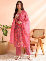 Pink Poly Rayon Floral Printed Straight Kurti Pants With Dupatta