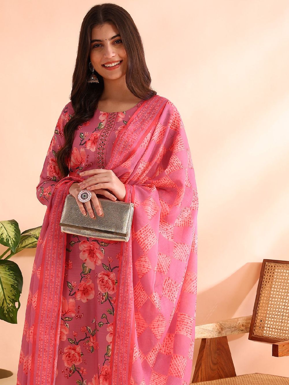 Pink Poly Rayon Floral Printed Straight Kurta Trousers With Dupatta