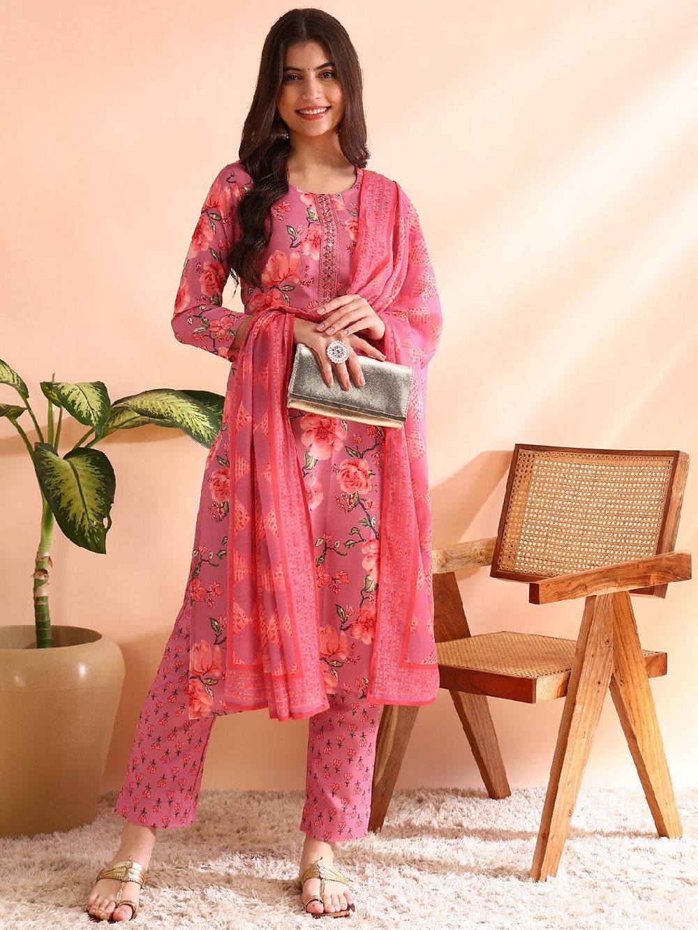 Pink Poly Rayon Floral Printed Straight Kurti Pants With Dupatta