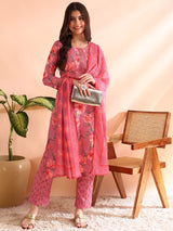 Pink Poly Rayon Floral Printed Straight Kurta Trousers With Dupatta