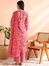 Pink Poly Rayon Floral Printed Straight Kurta Trousers With Dupatta